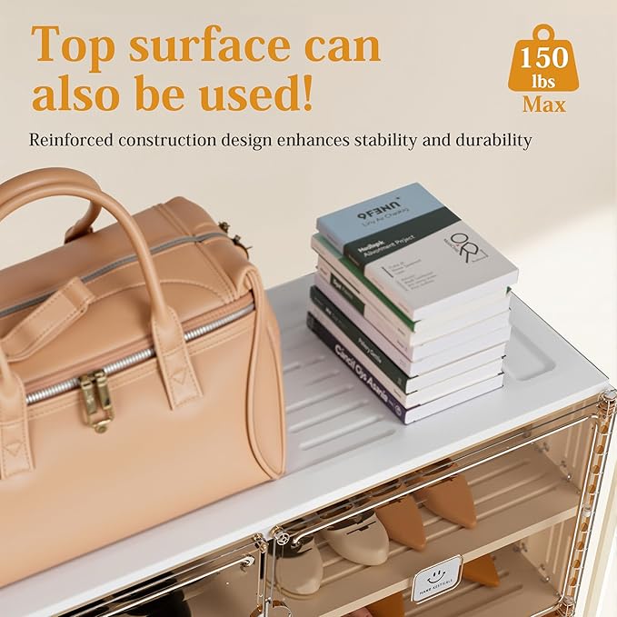 Foldable Shoe Rack Organizer for Entryway with Clear Magnetic Doors - Large Capacity Shoe Cabinet for Boots, Sneakers & All Shoes, Easy Assembly, White 4-Tier 16 Pairs