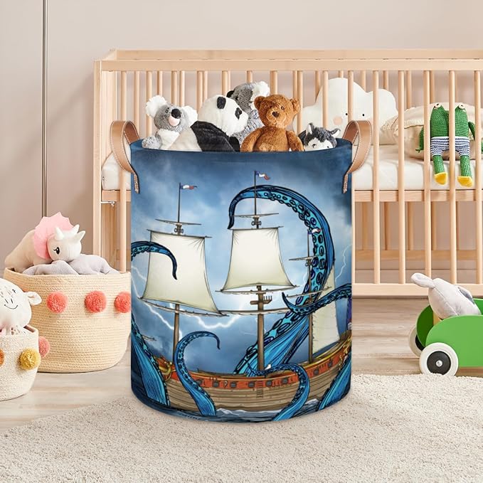 Sea Monster Octopus Collapsible Laundry Basket Large Laundry Hamper Waterproof Storage Bins with Leather Handles Clothes Nursery Hampers for Bathroom Bedroom Toy Organizer, Nautical Theme