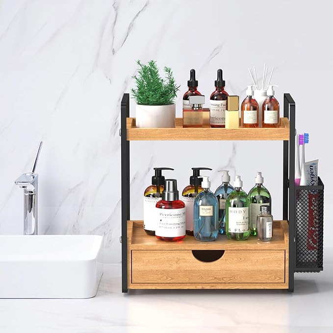 LEMIKKLE Bathroom Counter Organizer with Basket, Bathroom Organizers and Storage,Skincare Organizers for Vanity,Storage Organizers for Bathroom, Kitchen, Dresser (Light Brown with Drawer)