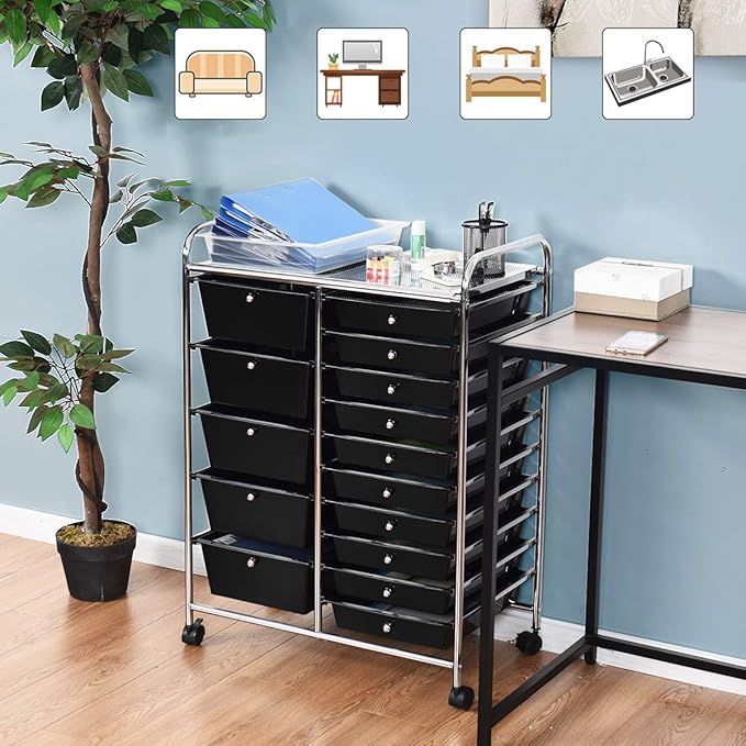 RELAX4LIFE 15 Drawer Rolling Storage Cart, Mobile Drawer Carts for Craft Art Supply Paper Salon, Utility Cart on Wheels for Classroom Teacher School Office, Rolling Cart with Drawers (Black)