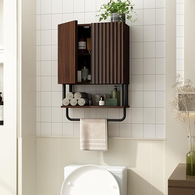 RUSTOWN Farmhouse Bathroom Wall Cabinet with 2 Door, 3-Tier Curved Profile Wooden Medicine Cabinet, Wall Mounted Storage Cabinet with Adjustable Shelf and Towel Bar (Dark Walnut, Small)