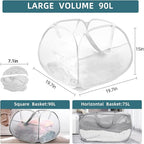 Collapsible Laundry Basket, 90L Large Foldable Mesh Pop Up Hamper for Laundry, Dirty Clothes, Bedroom, Bathroom, Dorm, Laundry Room, Travel, Camping, White