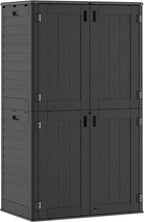 Vertical Outdoor Storage Shed, 60 Cu.Ft Resin Storage Cabinet Waterproof with Lockable Floor, All-Weather Tall Backyard Shed for Patio Furniture, Garage, Garden, Porch (Black)