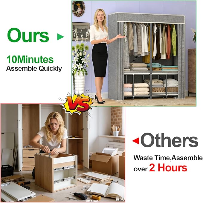 Premium Strong Heavy Duty Clothes Rack with Cover, 95% Assembled Freestanding Fordable Clothing Racks for Hanging Clothes, 71" Lx71 H,Black