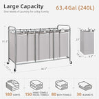 STORAGE MANIAC 5 Section Laundry Sorter, 5 Bins Rolling Separator Laundry Basket, Dirty Clothes Hamper Divider with Heavy Duty Rolling Lockable Wheels, Large Clothes Organizer Cart, Gray