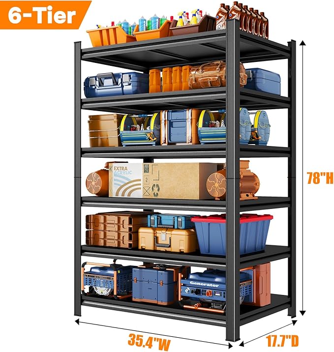 Metal Garage Shelving, 6-Tier 78" H x 35.4" W x 17.7" D Tall Heavy Duty Storage Shelves Unit, Adjustable & Sturdy, Rust-Resistant Utility Rack for Pantry, Kitchen, Basement, Warehouse