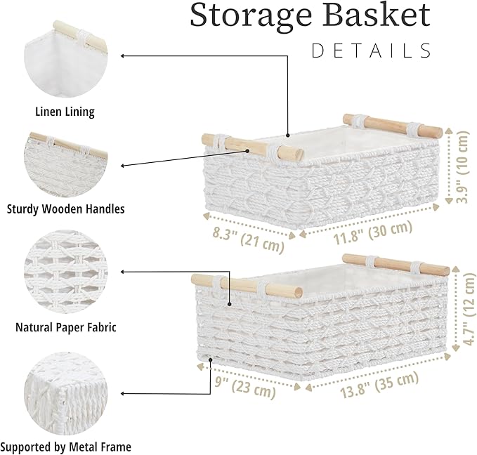 DECOMOMO White Wicker Baskets, Back of Toilet Basket, Bathroom Basket Organizer, Countertop, Home Decor (White, Set of 2)