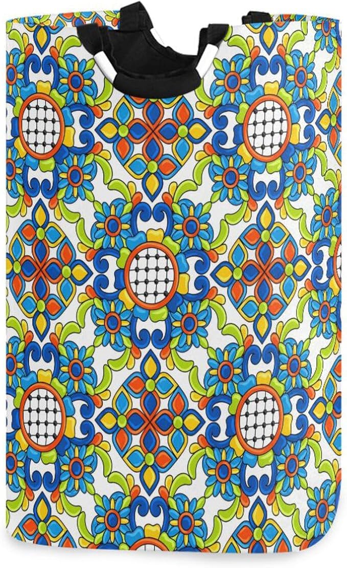 Mexico Talavera Tiles Laundry Basket for College Dorm,50L Collapsible Portable Laundry Hamper Storage Basket for Toys Clothes Organizer