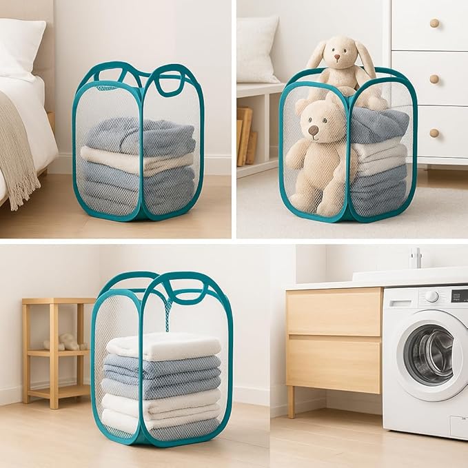 White Mesh Pop-Up Laundry Basket, 21" x 13" x 15.5" – Collapsible Clothes Hamper with Handles, Lightweight Foldable Laundry Bin for Bedroom, Bathroom, Dorm and Laundry Room