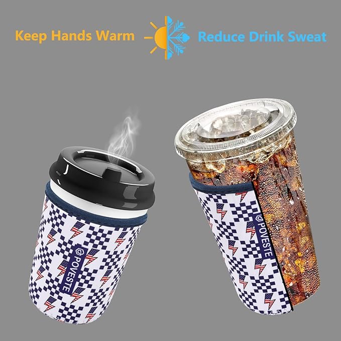 Reusable Neoprene Insulator Sleeve for Iced Coffee & Cold Soda, Coffee Sleeves for Iced & Hot Drinks, Cold Beverage Cooler Compatible with Starbucks, Dunkin (Lightning Flags, Small: 16-18oz)