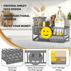 Sponge Holder for Kitchen Sink,Smiley Face Sink Caddy with Removable Brush Holder,Self-Draining Sponge Caddy for Soap,Dish Brush,Scrubber,Kitchen Essentials and Gadgets-Charcoal Gray