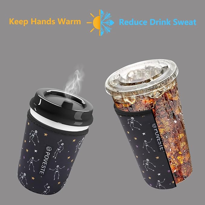 Reusable Neoprene Insulator Sleeve for Iced Coffee & Cold Soda, Coffee Sleeves for Iced & Hot Drinks, Cold Beverage Cooler Compatible with Starbucks, Dunkin (Dance Skull, Large: 32oz)