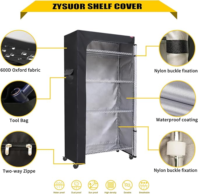 Storage Shelf Cover for Wire Rack – Heavy Duty Plastic Rack Protective Cover, Waterproof & Dustproof with Two-Way Zipper, Fits 48" W x 20" D x 72" H Metal Shelving (No Shelves,Black)