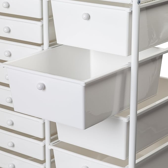Honey-Can-Do 15-Drawer Metal Rolling Storage Cart, White Steel Multi-Purpose Organizer with Wheels, Heavy Duty Mobile Utility Trolley for Home Office, School, and Craft Supplies