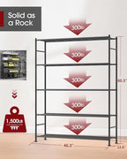 Storage Shelves - 5 Tier Shelf Organizer, Heavy Duty Garage Shelving Unit with Leveling Feet, Stable Metal Shelves Organizer for Pantry, Kitchen and Closet, 46.3" W x 12.6" D x 60.3" H, Black