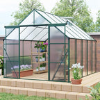 Heavy-Duty Walk-in Polycarbonate Greenhouse with Dual Sliding Doors, Adjustable Roof Ventilation, and Galvanized Steel Base for Year-Round Outdoor Gardening (Green 8*10FT)