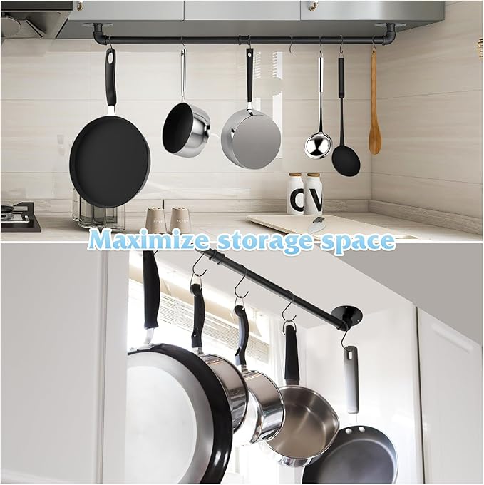 24 inch Pan Rack Wall Mounted Set of 2, Pan Hangers for Kitchen, Industrial Pipe Utensils Hanging Rail Detachable Storage Organizer, Iron Lids Holder with 10 S Hooks