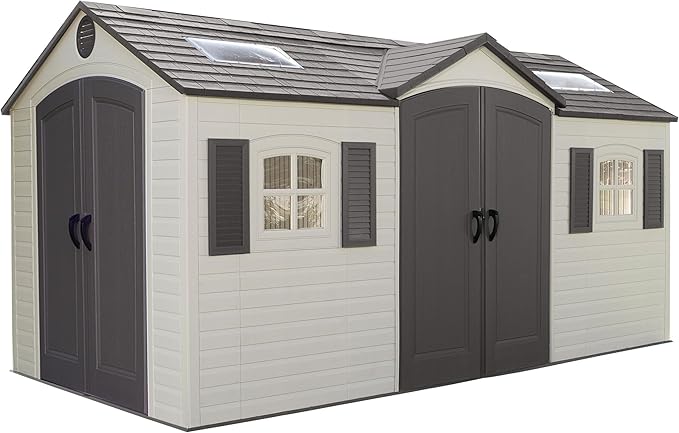 Lifetime 15×8 Ft Dual‑Entry Outdoor Storage Shed, Steel‑Reinforced, UV‑Protected, Weather‑Resistant Backyard Garden Shed with Skylights, Windows & Shelving, Desert Sand