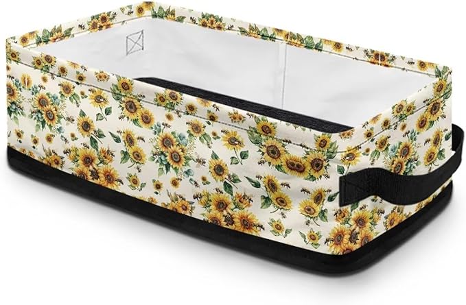 Multi-purpose Storage Basket Small Storage Bins Collapsible Rectangular Toilet Paper Basket Organizer for Bathroom Bedroom Kitchen Office Organization, Sunflower Bee
