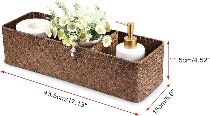 Seagrass Shelf Basket with Dividers, Rectangular Woven Storage Baskets for Organizing, Decorative Wicker Narrow Basket Tray with 3 Sections for Shelves, Toilet Tank, Bathroom Counter