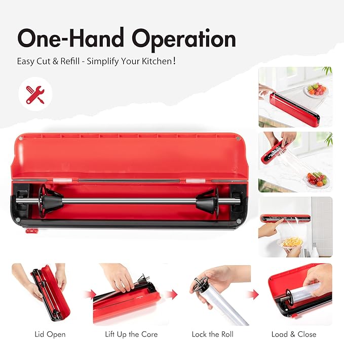 Aluminum Foil & Plastic Wrap Dispenser with Cutter - Easy One-Hand Operation, Space-Saving Kitchen Organizer for Worktops & Cabinets, Magnetic Cling Film Dispenser - Fits 12" Rolls, Red