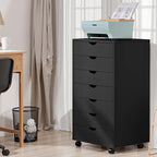 OLIXIS 7 Drawer Mobile File Cabinet Under Desk Storage Organization with Wheels Vertical Filing Chest Rolling Wood Small Desk Printer Stand for Home Office, 15.75"D x 18.74"W x 34.25"H, Black