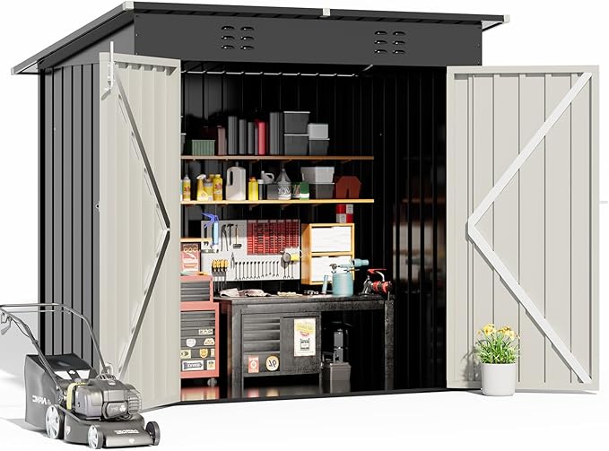 COMHOMA Shed Outdoor Storage Shed Metal,Lockable Doors Tool Sheds with Sloping Roof,Steel Garden Shed with Air Vent for Backyard,Patio,Lawn,Poolside(Grey,6'*4')