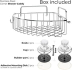 Corner Shower Caddy with Suction Cups and 3M Adhesive Mounting Discs for porous surfaces - Stainless Steel Basket for Bathroom Storage (Chrome)