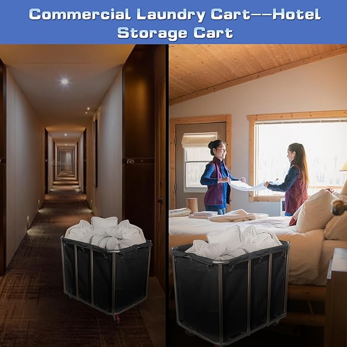 Commercial Laundry Cart with Wheels, 400L Large Capacity Heavy Duty Stainless Laundry Basket,Laundry Sorter for Clothes Storage,330 lbs Load (Black)