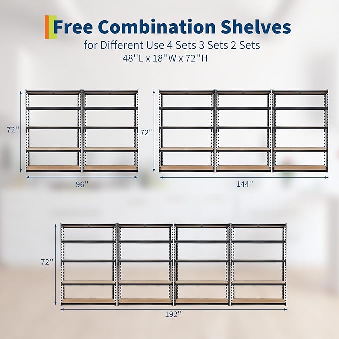 Heavy Duty Garage Storage Shelves, 5-Tier Adjustable Metal Shelving Unit, Up to 2500 Lb Capacity, 48" l x 18" w x 72" h Storage Rack for Kitchen, Pantry, Basement, Bathroom & Laundry