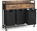Laundry Sorter with 2 Drawers, 150L with Pull-Out Removable Laundry Bags, Laundry Hamper Baskets with 3 Section and Wheels, Rustic Brown and Black