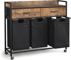 Laundry Sorter with 2 Drawers, 150L with Pull-Out Removable Laundry Bags, Laundry Hamper Baskets with 3 Section and Wheels, Rustic Brown and Black