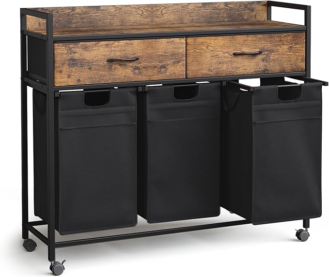 Laundry Sorter with 2 Drawers, 150L with Pull-Out Removable Laundry Bags, Laundry Hamper Baskets with 3 Section and Wheels, Rustic Brown and Black