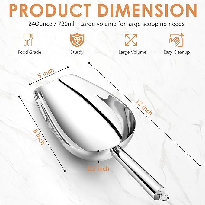 TeamFar Ice Scoop 24 oz, Stainless Steel Big Large Scoop, for Sweet Food Popcorn Flour, Healthy & Heavy Duty - Dishwasher Safe