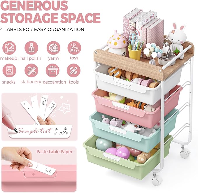 Rolling Craft Storage Cart with 4 Drawers,Utility Cart with Drawers,Art Craft Organizers and Storage,Kids Craft Cart,Kids Art Cart With DIY Lable and Wooden Tabletop Area,Colorful
