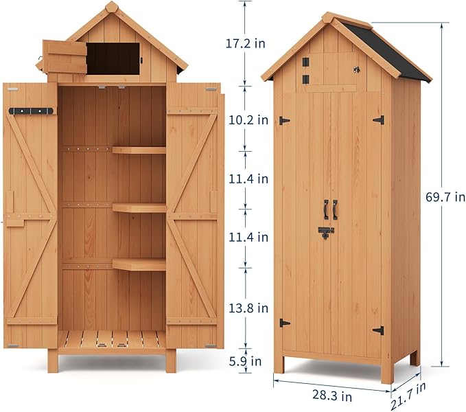 GarveeLife 70 in Outdoor Wooden Storage Shed Waterproof, Vertical Outdoor Storage Cabinet with 3 Shelves, Roof Storage & Lockable Door, Space-Saving Garden Tool Shed for Patio, Yard, Lawn