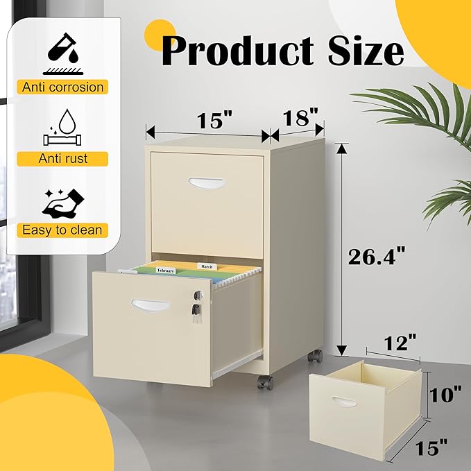 2 Drawer File Cabinet with Lock，Cream Rolling File Cabinet for Home Office, Metal Small Mobile Filing Cabinets on Wheels for Hanging Letter