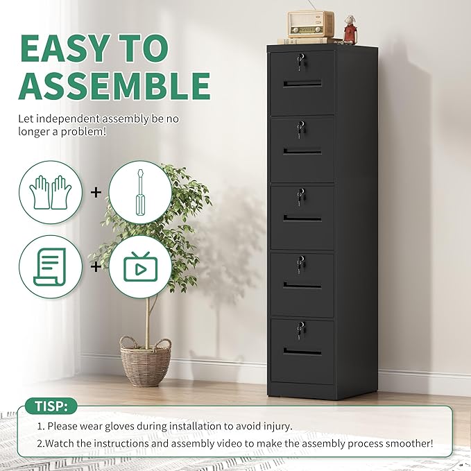 File Cabinet 5 Drawer with Lock, Vertical Filing Cabinets for Home Office, Metal Steel Storage Cabinet for Letter/Legal Size File, Assembly Required(Black)