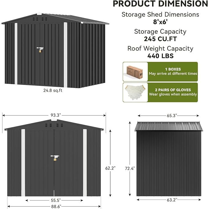COMHOMA Shed Outdoor Storage Shed Metal,Lockable Doors Tool Sheds with Sloping Roof,Steel Garden Shed with Air Vent for Backyard,Patio,Lawn,Poolside(Grey,8'x6')