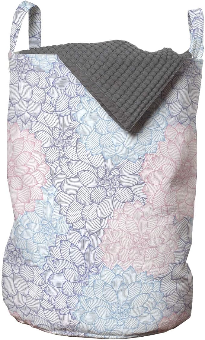 Ambesonne Dahlia Laundry Bag, Stripy Hand-Drawn Dahlia Pale Colored Blossoms in Pink Purple and Blue, Hamper Basket with Handles Drawstring Closure for Laundromats, 13" x 19", Blush