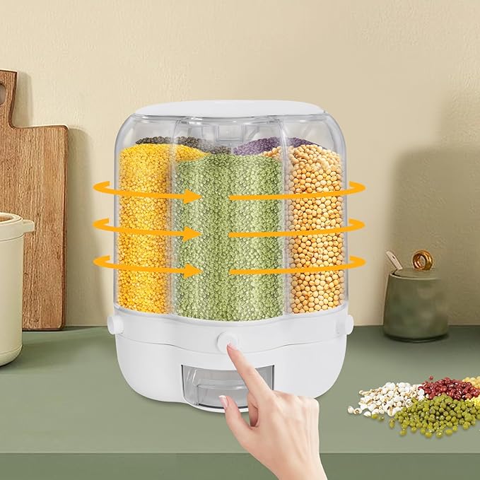 Rice Dispenser, 6 Grid 360° Rotating Rice Container Cereal Dispenser with Lid, Grain Storage Organizer Holder for Kitchen Countertop Dry Food, White, 12.5kg/28lbs