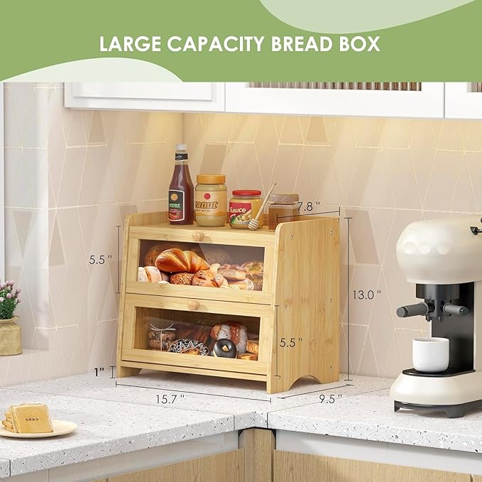 Double Layer Bread Box for Kitchen Countertop, Large Breadbox Bread Container Storage with Acrylic Door, Wooden Farmhouse Bread Holder (Bamboo, Medim-15.7" L x 9.5" W x 13" H)
