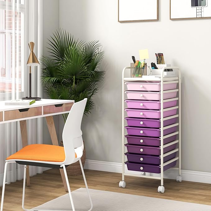 Storage Cart, Rolling Utility Cart with 10 Drawers, Portable Handles & Lockable Wheels, Mobile Paper Toys Storage Organizer Large Capacity for Home Office School Teacher (Purple Gradient)