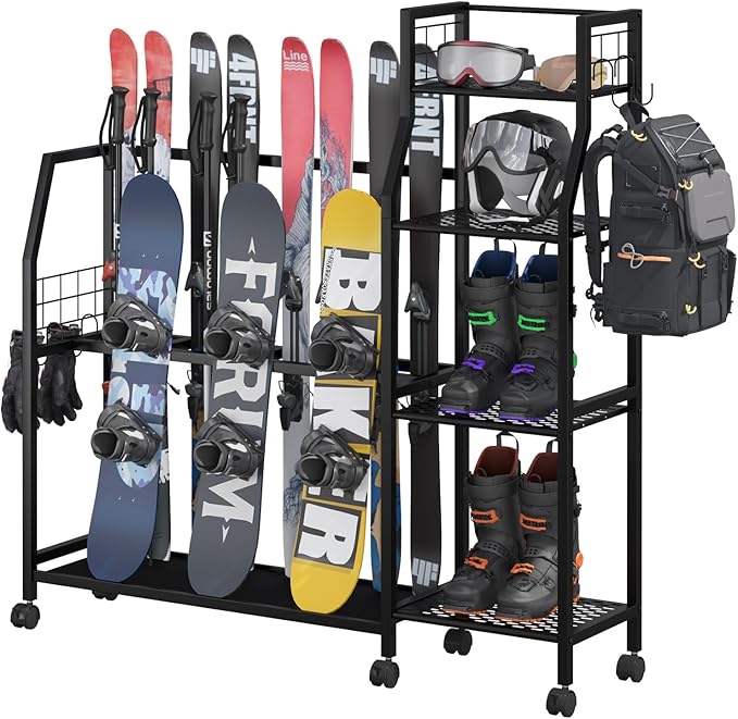 4-Tier Freestanding Snowboard Rack for 4 Pairs of Skis, 3 Snowboards, Boots, Poles, Goggles, Helmets, Ski Storage Rack with Adjustable Shelves, Snowboard Stand for Home, Garage