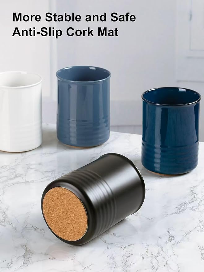 Utensil Holder, 6.7" Ceramic Kitchen Utensil Crock for Countertop Cooking, Modern Utensil Caddy Jar Organizer for Farmhouse Kitchen Counter Décor, Flambe Blue