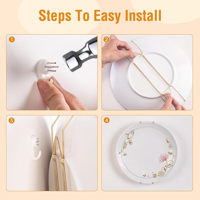 Bilillo 12 Pack Plate Hangers for The Wall, Suitable for 9-11 inch Art Plate, Stainless Steel Invisible Heavy Duty Wire Plate Holder with Wall Hooks, Plate Hangers for Displaying Plates
