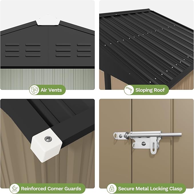 Devoko 6 x 4 FT Metal Storage Shed with Floor Frame Waterproof Garden Tool Shed with Lockable Door, Outdoor Shed Storage House for Backyard Patio Lawn, Brown