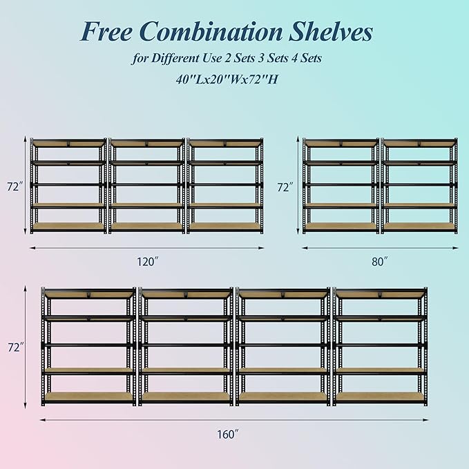 Heavy Duty Garage Storage Shelves, 2500 Lbs Capacity, 5-Tier Adjustable Storage Shelving Unit, 40" L x 20" W x 72" H Metal Shelving Racks for Kitchen Pantry Basement Bathroom Laundry