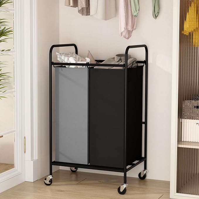 Heavy Duty Rolling Laundry Sorter Cart, 2 Removable 40L Polyester Bags, Lockable Wheels, 50×40×83cm, Space-Saving Organizer for Laundry Room Bathroom Home
