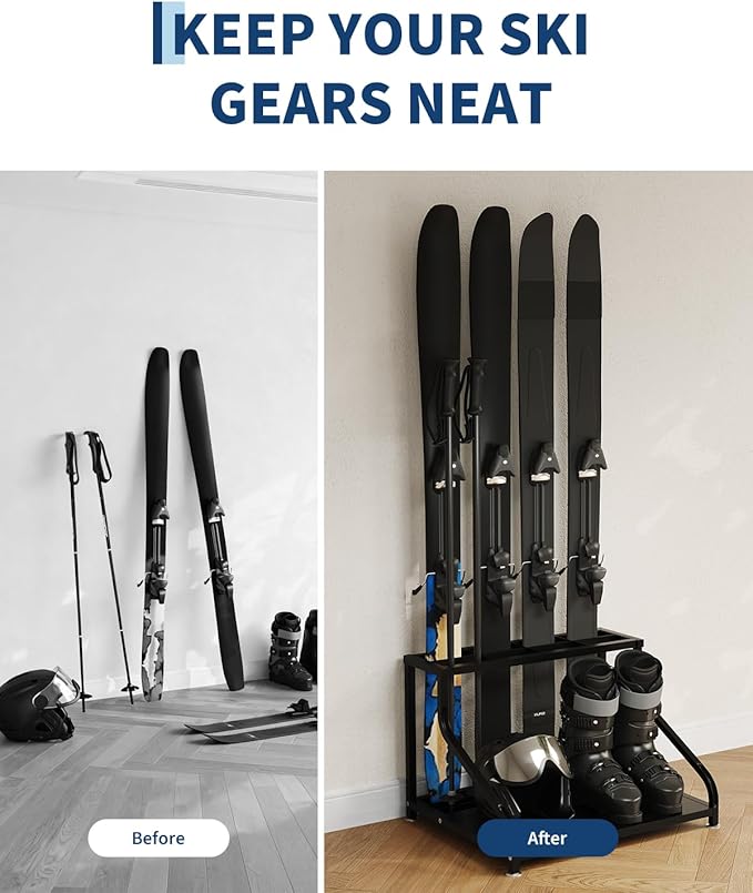 Ski Storage Rack, 23" x 19" x 16", Heavy Duty Freestanding Steel Ski Organizer for 4-Pair Skis, Boots, Poles, Helmet & Goggles, Floor Stand Skis Holder for Garage, Basement & Mudroom